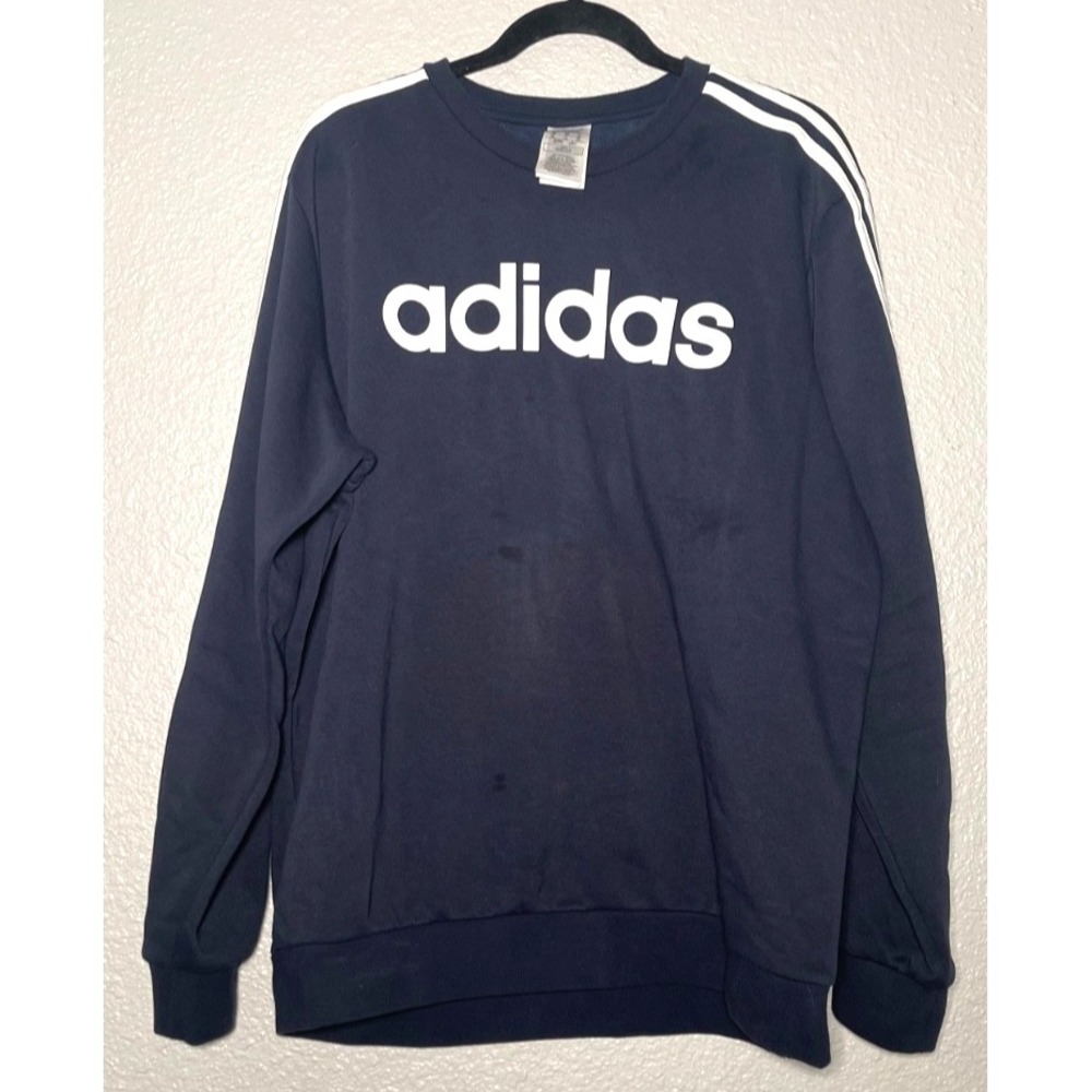 Adidas Pullover Sweater Men's XL Navy Blue Crewneck 3 Stripe Fleece Lined *Spots